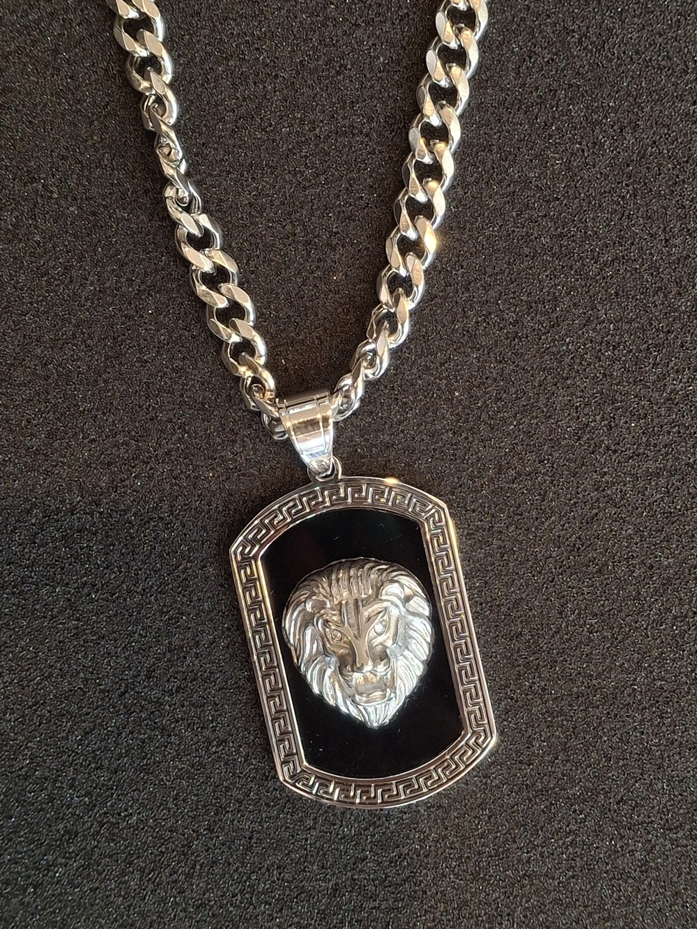 Men's Silver Lion Pendant Necklace - Black Inlay